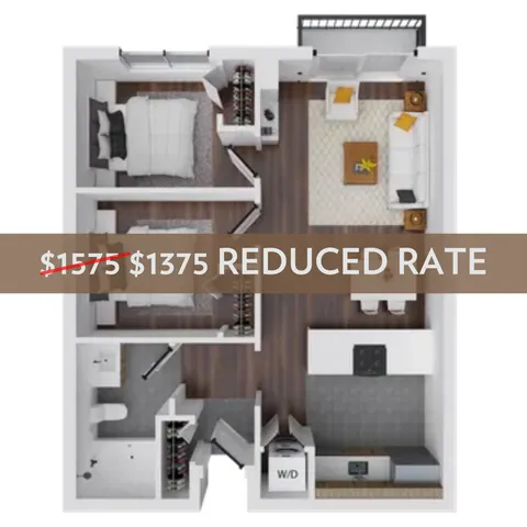 Inviting 2-bedroom apartment floor plan with modern living area, sleek kitchen, and reduced rate offer.
