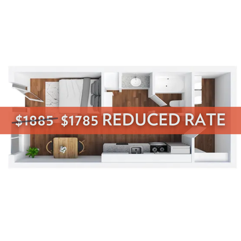 Modern 3D apartment floor plan with an open layout featuring a cozy bedroom, sleek kitchen, and stylish bathroom. Reduced rate offer prominently displayed.