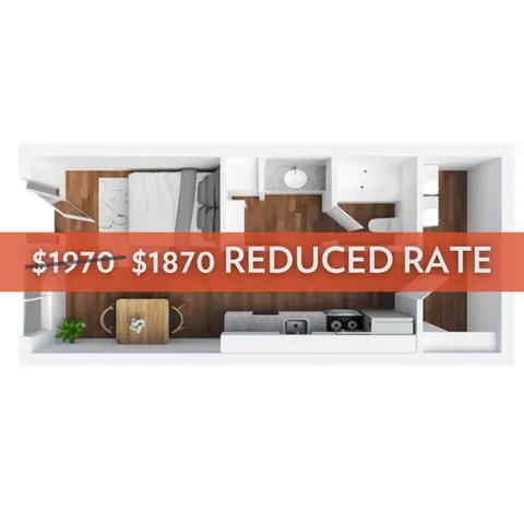 Modern floor plan featuring a cozy one-bedroom layout with an open-concept kitchen and living area, reduced rate offering great value.