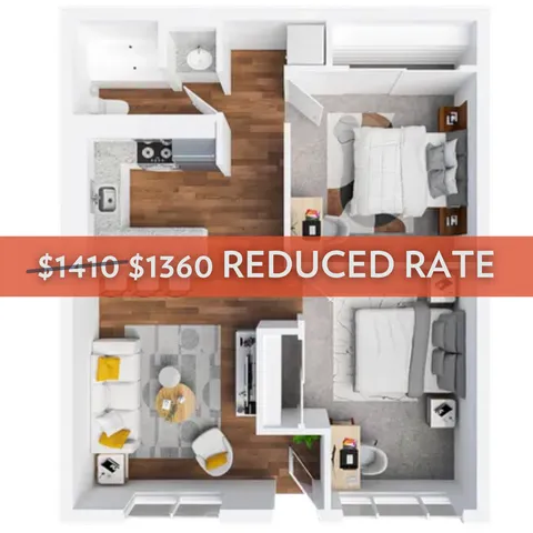 Modern 2-bedroom apartment floor plan with a cozy living area, stylish kitchen, and reduced rental rate. Ideal for comfortable urban living.