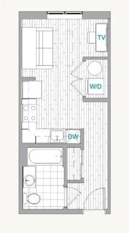 Modern studio apartment floor plan featuring an open living space with kitchen, TV area, washer/dryer, and bathroom.