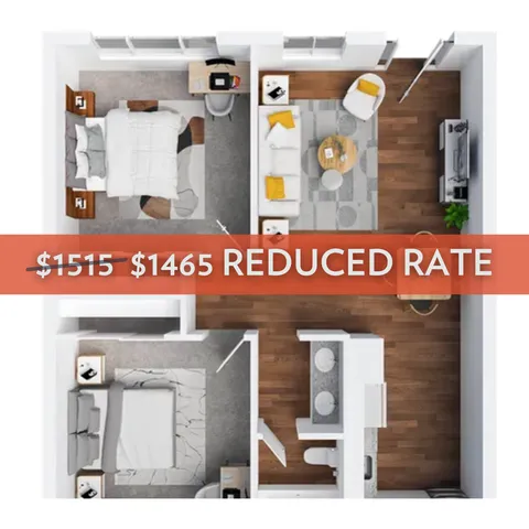 Modern 2-bedroom apartment floor plan showcasing a spacious living area, stylish kitchen, and cozy bedrooms with reduced rate.