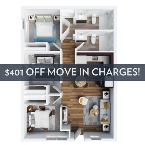 Spacious 2-bedroom apartment floor plan with modern open-concept living room and fully equipped kitchen. Enjoy $401 off move-in charges for this stylish layout.