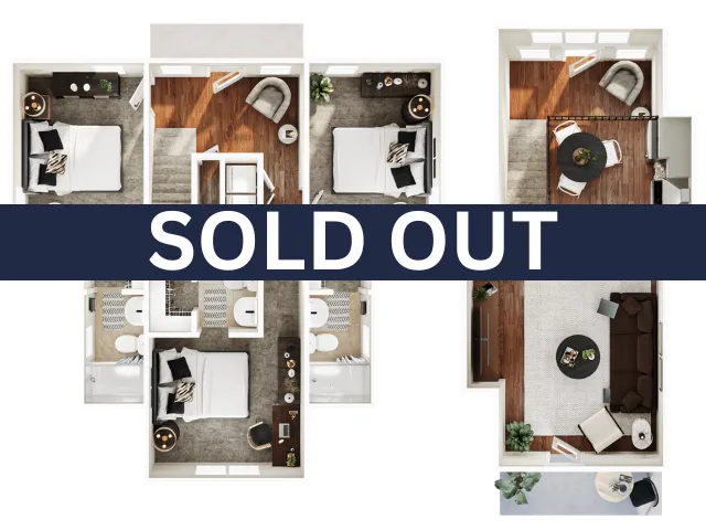 Modern 3D floor plan featuring three stylish bedrooms, a cozy living room, and a contemporary dining area, showcasing an inviting open layout.