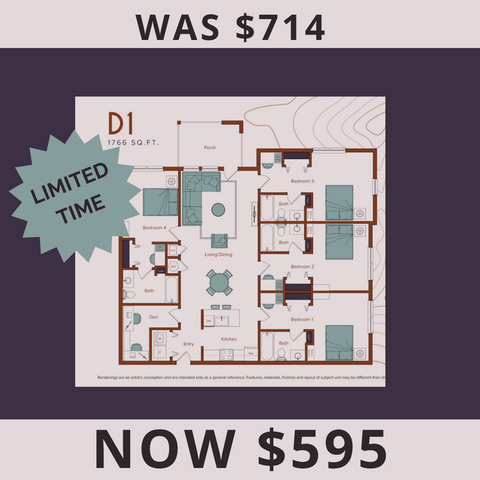 Limited time offer on spacious D1 floor plan featuring 4 bedrooms, a modern kitchen, living/dining area, and porch, now at a reduced rate of $595, originally $714.