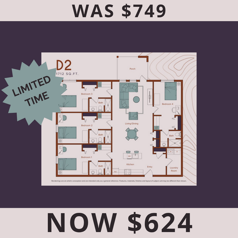 Spacious D2 floor plan with four bedrooms and luxurious living area, now at a special price reduction to $624 for a limited time.