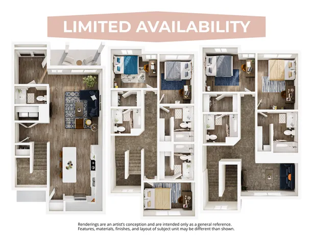 Modern apartment floor plan showcasing multiple layouts with spacious living areas, stylish kitchens, and comfortable bedrooms. Limited availability noted.