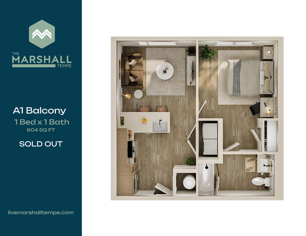 Chic A1 Balcony floor plan featuring 1 bedroom with modern bath, open-concept living space, and stylish kitchen in 604 sq ft layout.