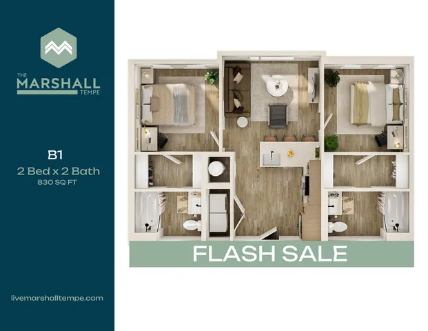 Modern B1 floor plan with 2 bedrooms and 2 baths, featuring an open living space and stylish kitchen, 830 sq ft. Ideal for a comfortable lifestyle in Tempe. Flash sale opportunity at The Marshall.