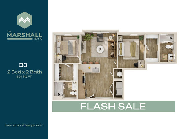 Marshall Tempe B3 floor plan with 2 bedrooms and 2 bathrooms, featuring open-concept living and kitchen areas, 851 sq ft, available during flash sale.