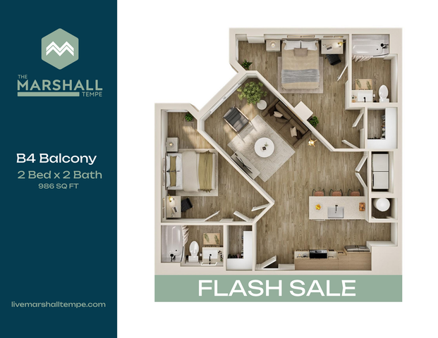 Elegant B4 Balcony floor plan highlighting 2 bedrooms, 2 bathrooms, modern kitchen, and spacious living area, 986 sq ft in a flash sale at The Marshall Tempe.