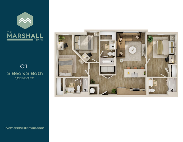 Modern floor plan of The Marshall Tempe with 3 bedrooms and 3 bathrooms, featuring an open living area and sleek kitchen, 1,059 sq ft.