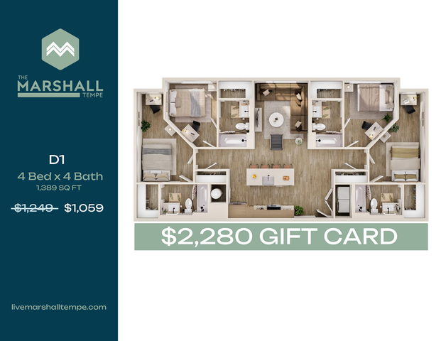 Modern floor plan showcasing a spacious 4 bed, 4 bath layout at The Marshall Tempe, offering elegant interiors with a large living area and stylish kitchen, perfect for comfortable living. Includes $2,280 gift card promotion.