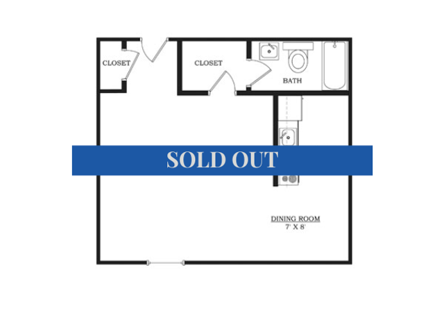 Cozy floor plan featuring a dining room, spacious closets, and a well-appointed bathroom in an intimate layout.