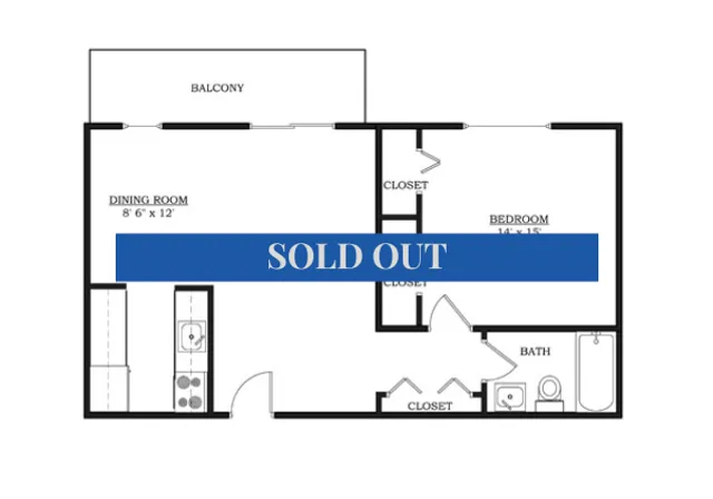 Inviting floor plan showcasing a spacious bedroom, dining room, and bathroom with balcony access.