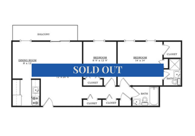 Chic floor plan featuring 3 bedrooms, a modern dining area, two bathrooms, and a cozy balcony. Now sold out!