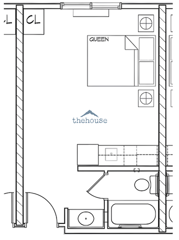 Modern studio floor plan showcasing an open layout with a queen bed, kitchenette, and stylish bathroom.