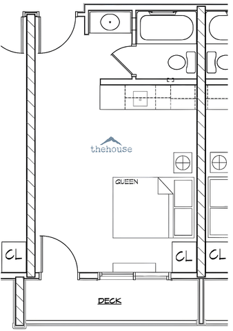 Modern studio apartment floor plan featuring a queen-sized sleeping area, spacious closet space, and a private deck.