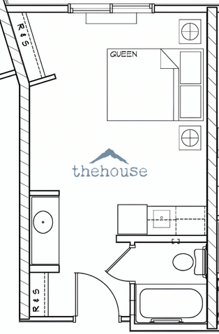 Compact studio floor plan featuring a queen-sized bed, efficient kitchen area, and convenient bathroom layout.