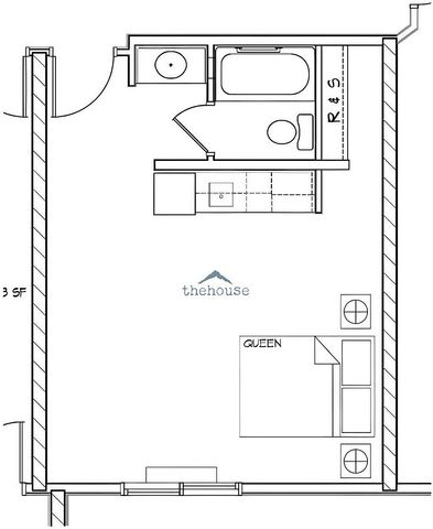 Efficient studio floor plan showcasing a queen-sized bed, kitchen area, and modern bathroom design.