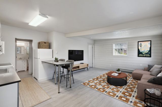 Bright and modern open-concept living area with cozy seating, sleek kitchen, and stylish d&eacute;cor.