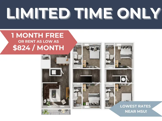 Inviting floor plan showcasing a contemporary apartment with four bedrooms, an open living space, and modern kitchen area. Exceptional offer: one month free or rent starting at $824/month. Ideal location near MSU with competitive rates.