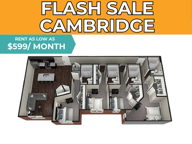 Modern 3D floor plan for Cambridge apartment with four bedrooms, spacious kitchen, and cozy living area, available for rent at an unbeatable $599 per month.