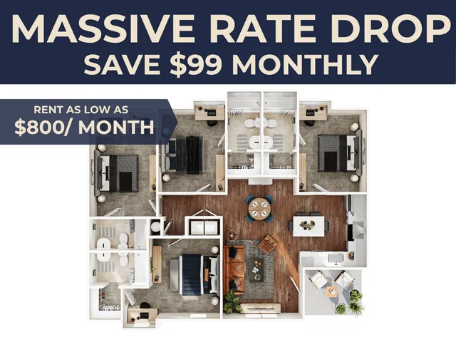 Inviting floor plan with 3 bedrooms, spacious living and dining areas, and modern kitchen, available for rent at $800/month.