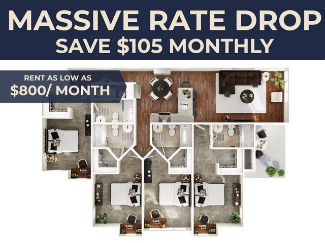 Modern floor plan showcasing 3 bedrooms, spacious living room, sleek kitchen, and elegant bathrooms, available for rent at $800/month with massive rate drop savings. Cozy and cost-effective housing solution.