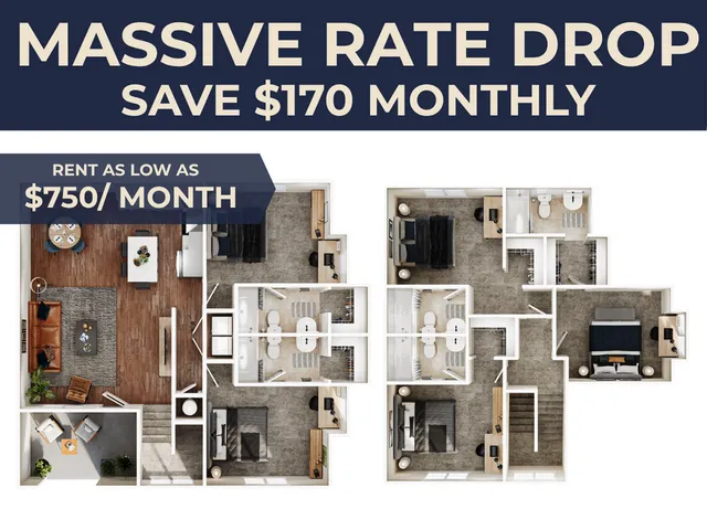 Modern apartment floor plan showcasing three bedrooms, two bathrooms, and an open living area, available for rent at $750/month with a massive rate drop offer.