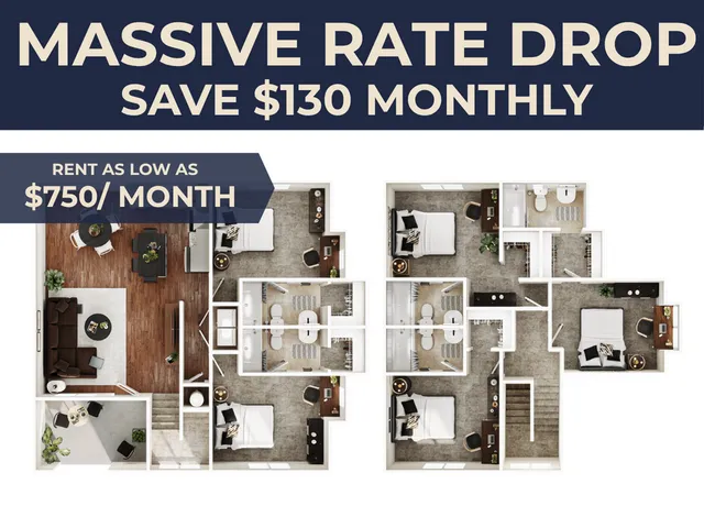 Inviting floor plan with three spacious bedrooms, a stylish open living area, and a modern kitchen. Save $130 monthly and rent as low as $750/month.