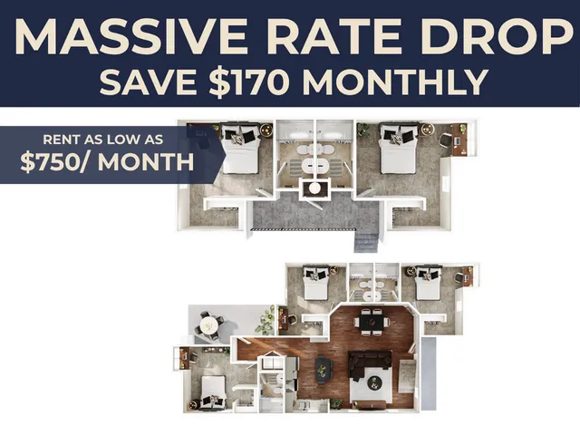 Chic floor plan with 3 bedrooms, modern open-concept living and dining space, and cozy kitchen. Enjoy luxurious comfort for just $750/month with a massive rate drop savings of $170 monthly.