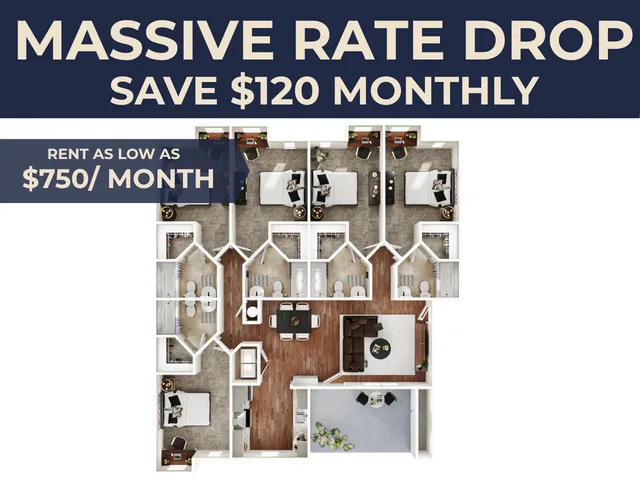 Modern floor plan showcasing a spacious three-bedroom apartment with an open living area, stylish kitchen, and two bathrooms. Enjoy affordability with prices as low as $750 per month and a massive rate drop, saving $120 monthly.