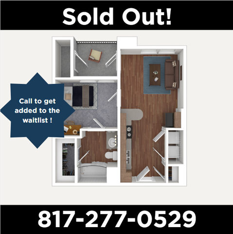 Chic 2D floor plan showcasing an open living area with a stylish couch, modern kitchen, cozy bedroom, and sleek bathroom. Perfect for comfortable urban living.