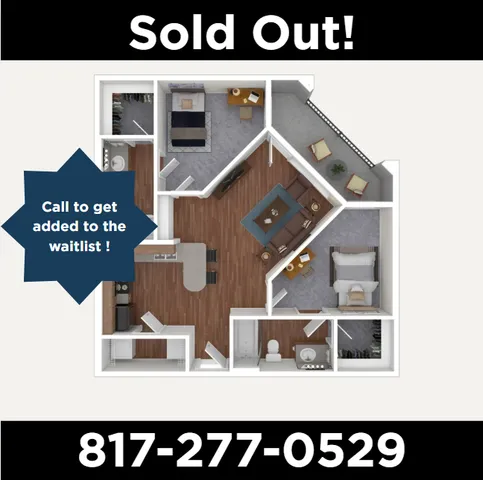 Modern 3D floor plan showcasing two stylish bedrooms, a spacious living area, a sleek kitchen, and an elegant balcony. Sold out but join the waitlist by calling 817-277-0529.