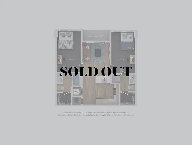 Modern 2D apartment floor plan with \'Sold Out\' overlay, showcasing 2 cozy bedrooms, a stylish living area, and functional kitchen design.