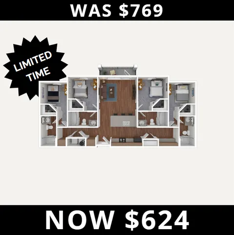 Modern apartment floor plan with 3 bedrooms, open living area, and stylish kitchen, now available at a reduced price of $624 for a limited time.