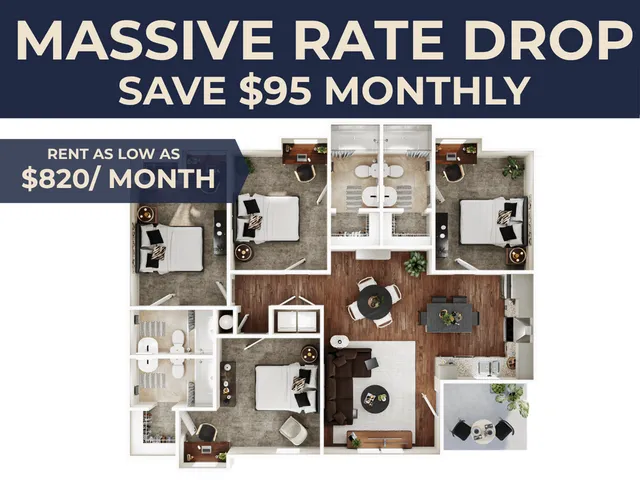 Spacious floor plan highlighting 4 bedrooms and 4 bathrooms, with a charming open-concept living and dining area, offered at a reduced rate of $820/month.