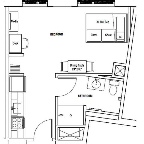 Modern floor plan with a spacious bedroom, efficient kitchen, cozy dining area, functional desk space, and a stylish bathroom.