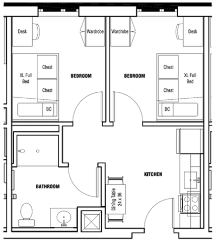 Modern floor plan featuring 2 spacious bedrooms with full beds and wardrobes, a well-equipped kitchen, and a stylish bathroom.