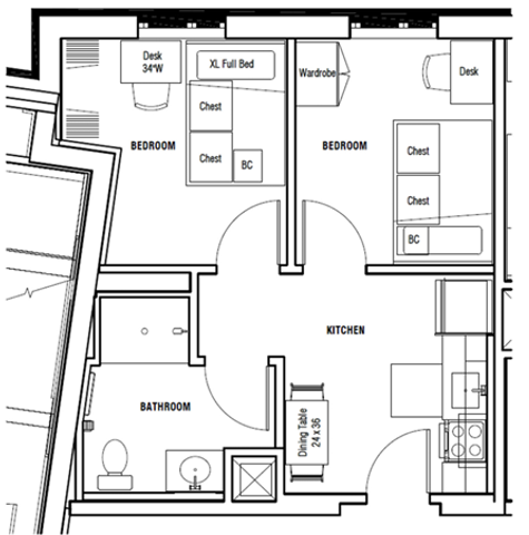 Chic floor plan showcasing 2 bedrooms, a functional kitchen, dedicated workspaces, and a modern bathroom layout.