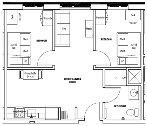Modern floor plan with 2 spacious bedrooms, integrated kitchen and living space, and a well-designed bathroom.