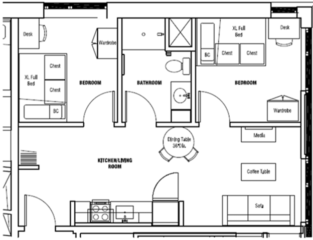 Modern 2D floor plan showcasing two spacious bedrooms, a central kitchen-living room area, and a well-appointed bathroom, perfect for convenient urban living.