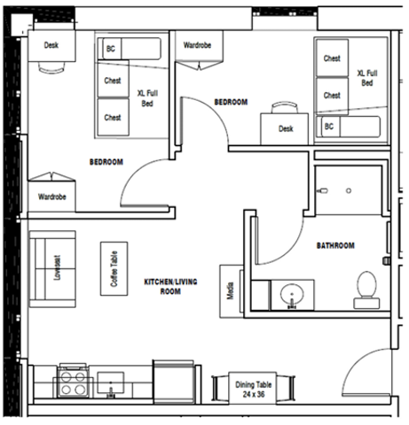 Modern floor plan with 2 spacious bedrooms, an open kitchen-living area, and a well-appointed bathroom, perfect for comfortable living.