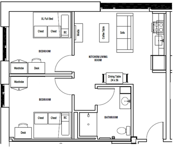 Modern apartment floor plan showcasing 2 bedrooms, kitchen-living room combo, and stylish bathroom.