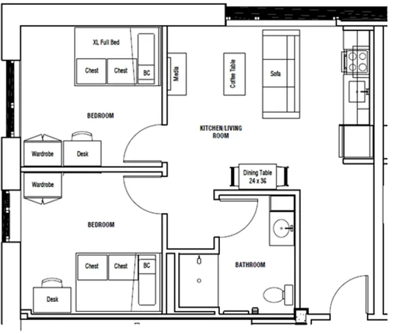 Modern apartment floor plan featuring two spacious bedrooms, a combined kitchen and living room area, and a well-appointed bathroom.