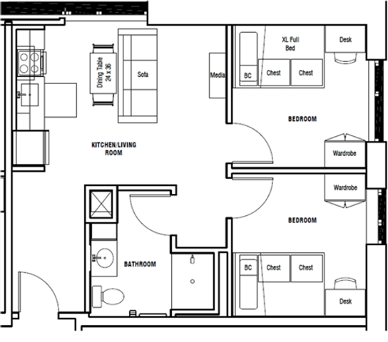 Contemporary 2D floor plan showcasing 2 bedrooms, a combined kitchen and living room, and a modern bathroom.