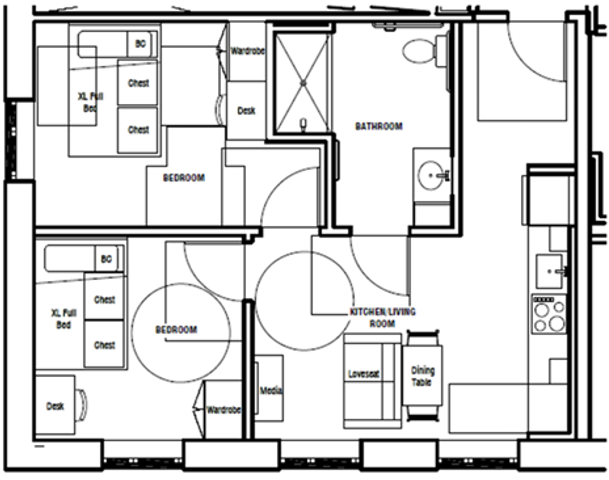 Contemporary floor plan showcasing two bedrooms with ample storage, integrated kitchen-living area, and a modern bathroom.