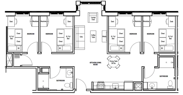 Modern floor plan showcasing 4 bedrooms, spacious open kitchen-living area, 2 bathrooms, and functional storage solutions.