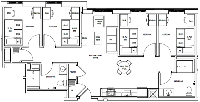 Spacious floor plan showcasing four bedrooms, two modern bathrooms, a cozy kitchen-living room with a dining area, and ample storage space including wardrobes and pantries.